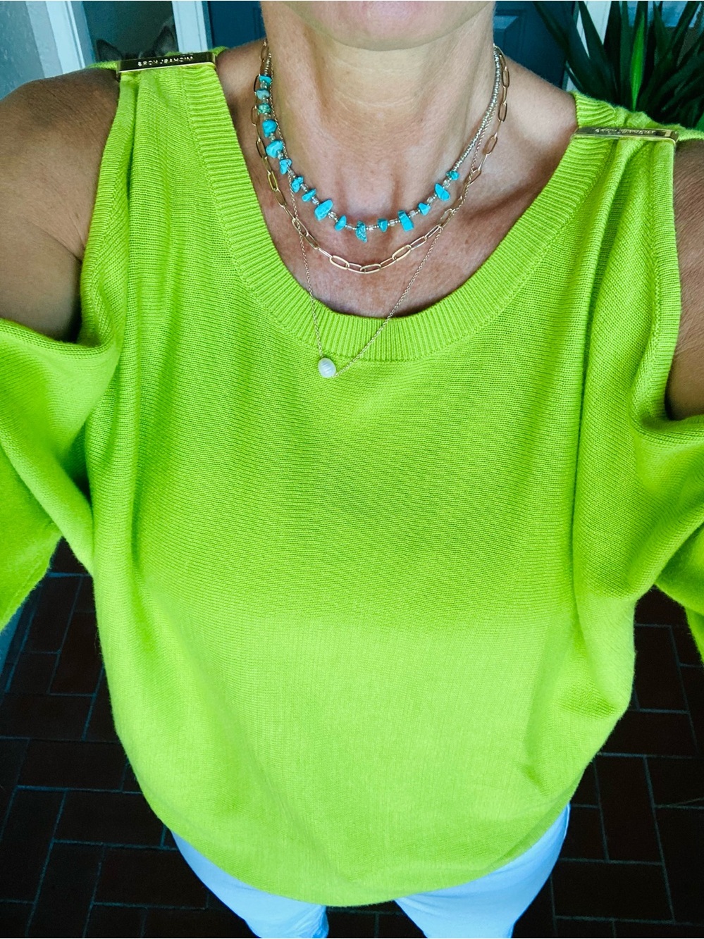 Michael Kors Neon Lime Off-Shoulder Sweater with Gold Accent